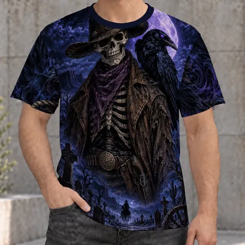 Gothic Skeleton Cowboy and Raven for Dark Western Halloween Nights and Outings All-over Print Unisex T-shirt