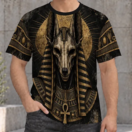 Jackal-Headed Egyptian Deity with Golden Halo for Dark Mythic Evenings and Festivals All-over Print Unisex T-shirt