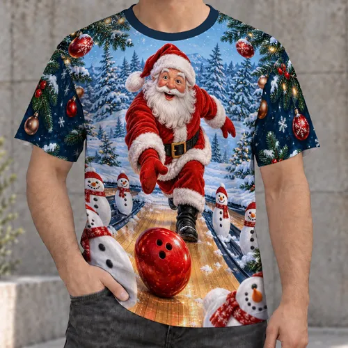 Santa Bowling Snow Scene for Christmas Parties and Cheerful Winter Holiday Gatherings All-over Print Unisex T-shirt
