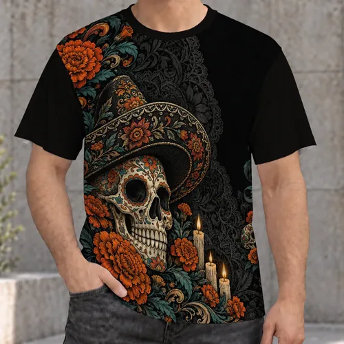 Sombrero Sugar Skull and Marigolds for Day of the Dead Celebrations All-over Print Unisex T-shirt
