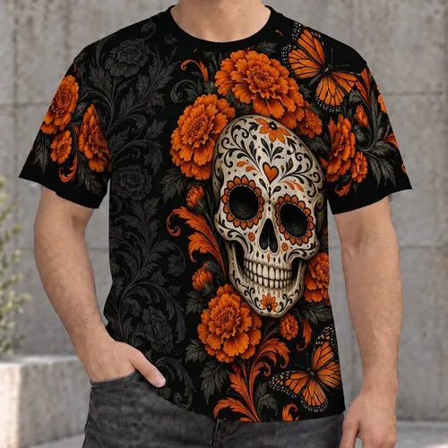 Orange Marigolds Charcoal Foliage Sugar Skull Marigolds And Butterflies For Day Of The Dead All-over Print Unisex T-shirt