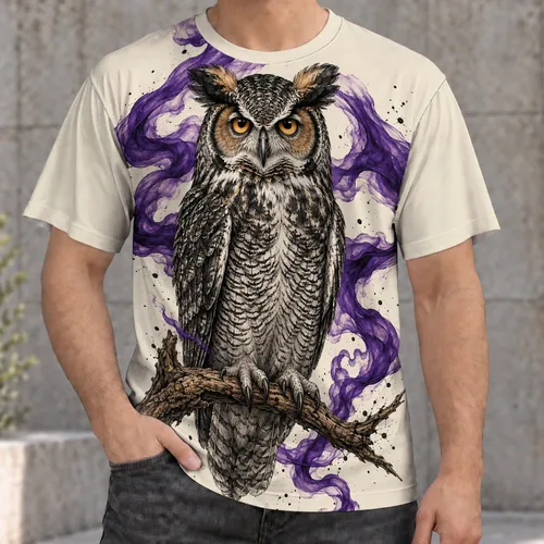 Watchful Owl With Violet Smoke And Branches For Nature Lovers And Everyday Adventures All-over Print Unisex T-shirt