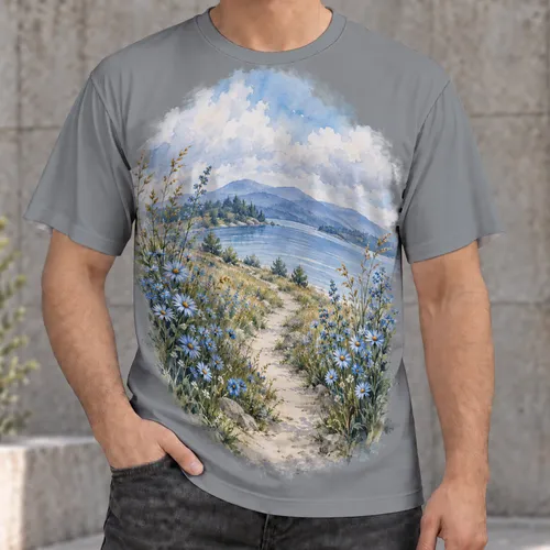 Blue Wildflower Path Landscape for Casual Outdoor Days and Nature Lovers of All Ages All-over Print Unisex T-shirt