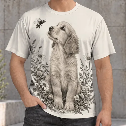Curious Puppy and Bee with Wildflowers for Nature Lovers and Casual Everyday Wear All-over Print Unisex T-shirt