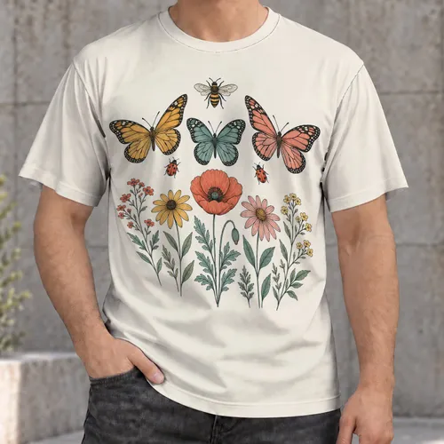 Butterfly Bee And Wildflower Garden Motif For Casual Nature Days All-over Print Unisex T-shirt