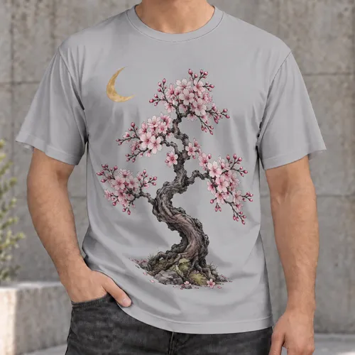 Cherry Blossom Bonsai Beneath Crescent Moon for Relaxed Everyday Nature Lovers Alike All-over Print Unisex T-shirt
