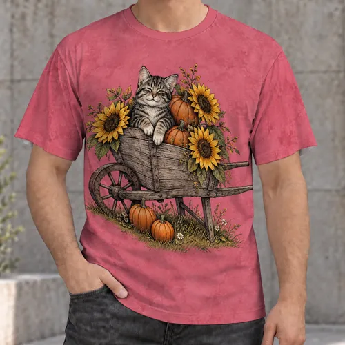 Tabby Cat Sunflowers and Pumpkins for Cozy Autumn Harvest Days All-over Print Unisex T-shirt