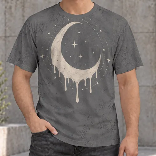 Melting Crescent Moon and Stars for Dreamy Night Sky Lovers and Cosmic Style Fans Everyday All-over Print Unisex T-shirt
