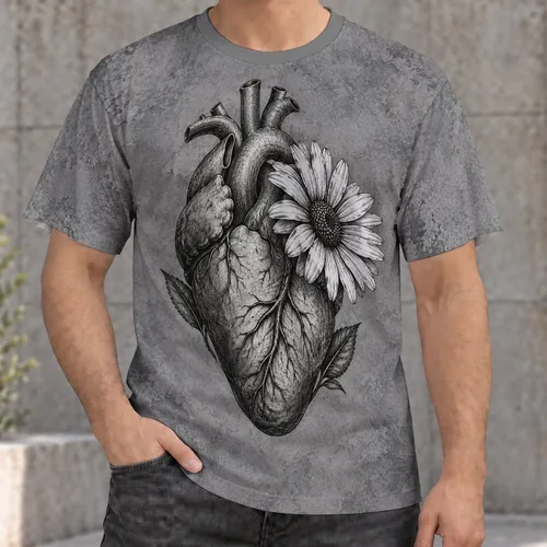 Anatomical Heart With Daisy for Everyday Alternative Style and Nature Lovers All-over Print Unisex T-shirt