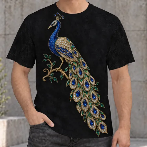 Ornate Jeweled Peacock on Branch for Everyday Style and Nature Lovers of All Ages All-over Print Unisex T-shirt