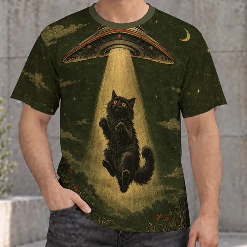 Vintage UFO Abduction Cat Art for Retro Casual Outings and Everyday Wear All-over Print Unisex T-shirt
