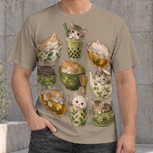Cute Cats in Teacups and Boba Drinks for Cozy Cafe Days and Cat Lovers Everyday All-over Print Unisex T-shirt