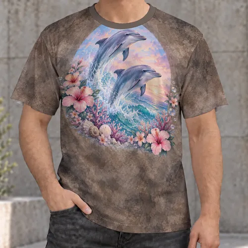 Dolphin Hibiscus Ocean Scene for Beach Days and Casual Summer Adventures for All All-over Print Unisex T-shirt