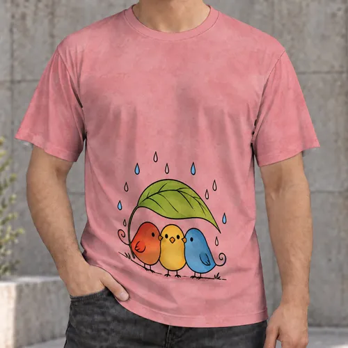 Three Cute Birds Beneath a Leaf in the Rain for Everyday Casual Wear All-over Print Unisex T-shirt