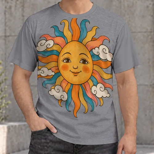 Smiling Retro Sun And Cloud Art For Everyday Casual Wear Teens And Adults All-over Print Unisex T-shirt