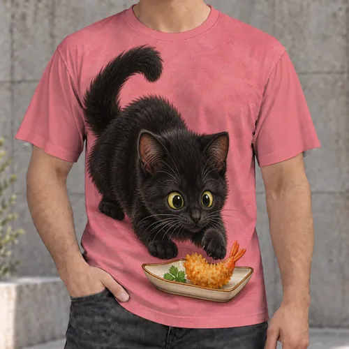Black Kitten Chasing Crispy Shrimp for Playful Everyday Cat Lover Style All-over Print Unisex T-shirt