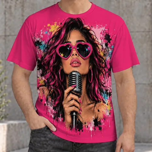 Pink Heart Sunglasses Singer Portrait for Concert Nights and Music Lovers of Pop Culture All-over Print Unisex T-shirt