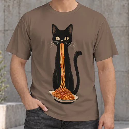 Black Cat Eating Spaghetti for Quirky Everyday Style and Casual Gift Giving All-over Print Unisex T-shirt