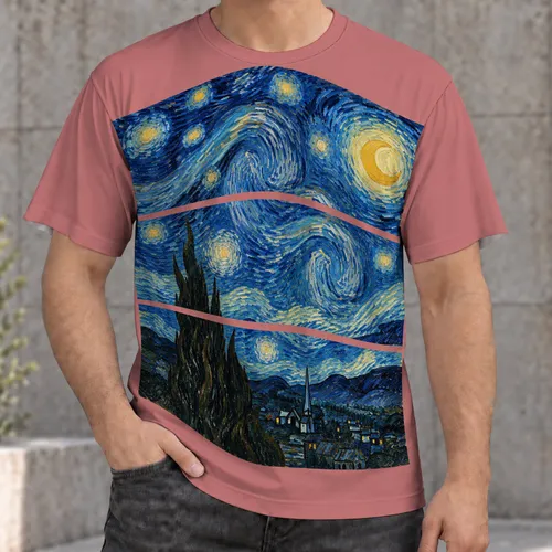Swirling Starry Night Sky and Village Scene for Art Lovers and Casual Everyday Wear All-over Print Unisex T-shirt