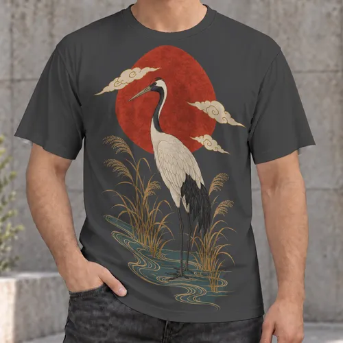 Red Sun Crane Landscape for Calm Everyday Wear and Nature Lovers All-over Print Unisex T-shirt