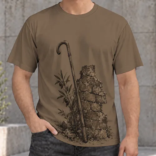 Vintage Cane, Brick Wall and Olive Botanical Scene for Everyday Casual Outings All-over Print Unisex T-shirt