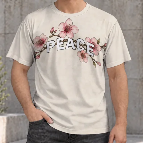 Pink Cherry Blossom Peace Lettering for Calm Everyday Casual Wear and Nature Lovers All-over Print Unisex T-shirt