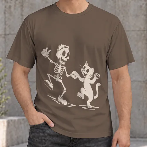 Dancing Skeleton And Playful Cat For Casual Everyday Wear And Cartoon Lovers All-over Print Unisex T-shirt