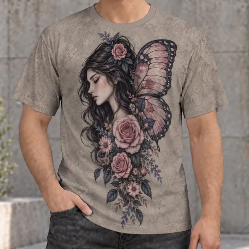 Butterfly Girl and Floral Portrait for Everyday Streetwear and Casual Weekend Outings All-over Print Unisex T-shirt