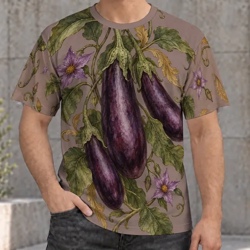 Aubergine and Botanical Vine Motifs for Everyday Casual Wear and Garden Lovers All-over Print Unisex T-shirt