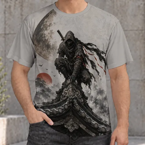 Hooded Rooftop Ninja Beneath a Crescent Moon for Everyday Streetwear Fans All-over Print Unisex T-shirt