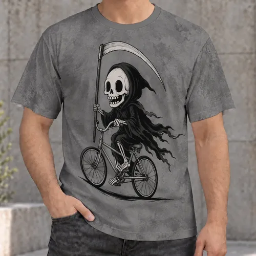 Grim Reaper Riding Bicycle for Casual Streetwear and Halloween Season Enthusiasts All-over Print Unisex T-shirt