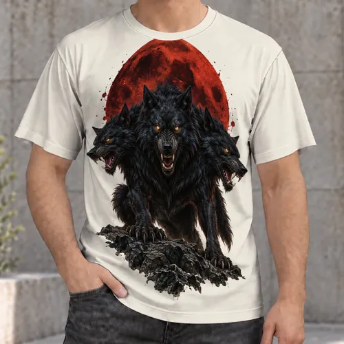 Three-Headed Black Wolf Beneath Blood Red Moon for Gothic Nights and Outdoor Adventures All-over Print Unisex T-shirt