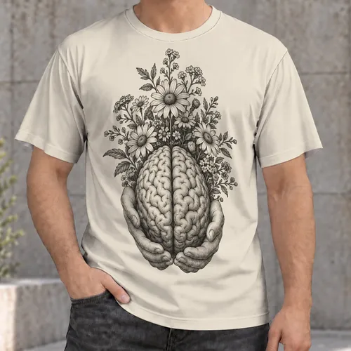 Brain and Wildflower Hand Engraving for Mindful Everyday Style, Gifts for Nature Lovers All-over Print Unisex T-shirt