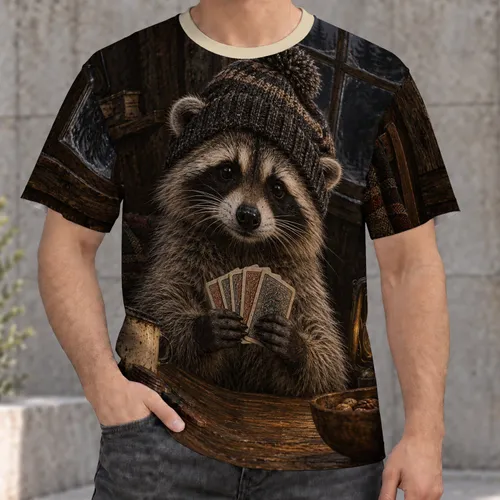 Raccoon in Knit Beanie Holding Cards for Cozy Game Nights and Casual Weekend Style All-over Print Unisex T-shirt