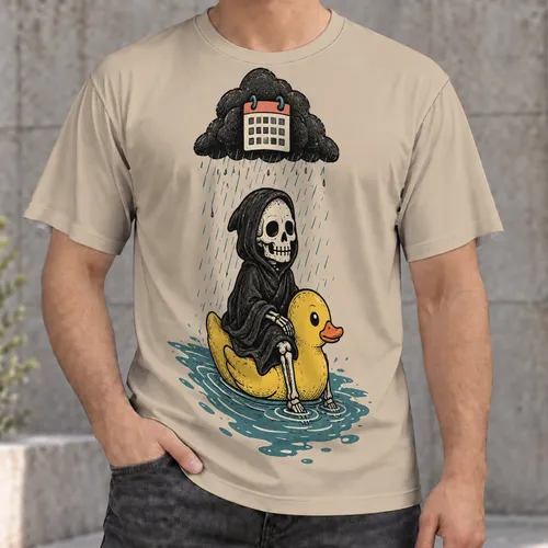 Grim Reaper Riding Rubber Duck in Rainy Day Humor for Alternative Casual Wear Fans All-over Print Unisex T-shirt