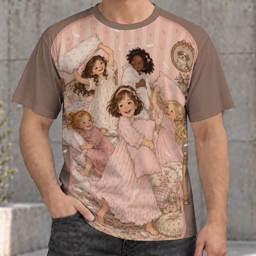 Vintage Pillow-Fight Girls Scene for Cozy Everyday Style and Playful Nostalgia Lovers All-over Print Unisex T-shirt
