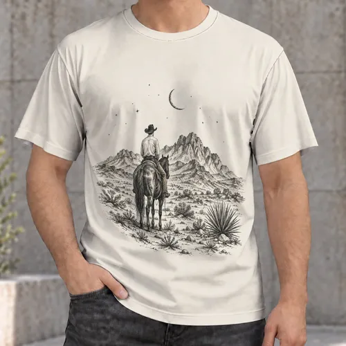 Moonlit Cowboy Riding Horse Beneath Crescent Moon for Outdoor Western Style Fans All-over Print Unisex T-shirt