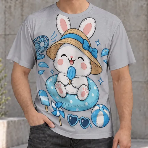 Cute Summer Rabbit Poolside Scene for Vacation Days and Playful Casual Style for Teens All-over Print Unisex T-shirt