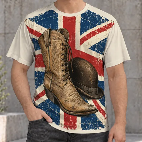 Union Flag Cowboy Boot and Bowler Hat Retro Americana Gift for Western History Fans All-over Print Unisex T-shirt
