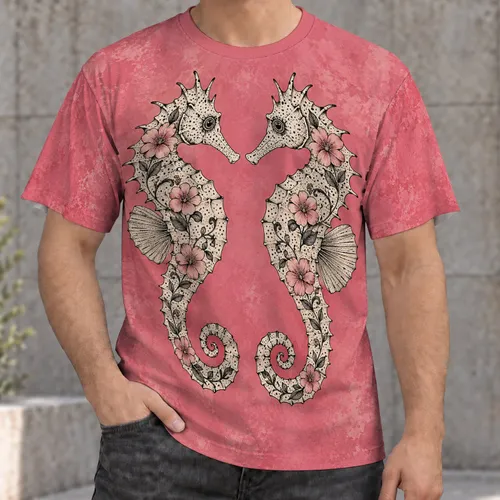 Paired Floral Seahorses for Coastal Casual Days and Creative Everyday Style for Adults All-over Print Unisex T-shirt