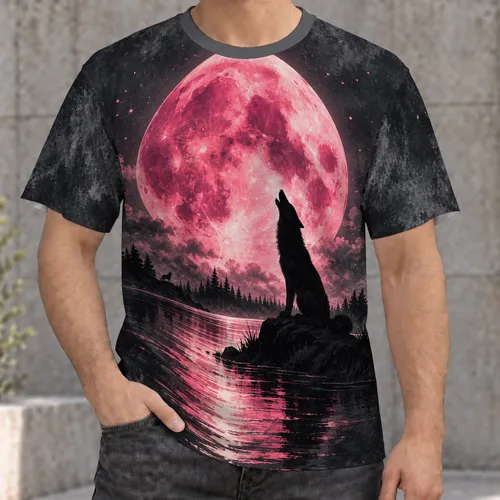 Howling Wolf and Pink Full Moon Night Scene for Outdoor Adventures and Nature Lovers All-over Print Unisex T-shirt