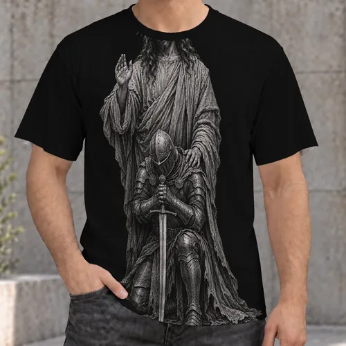 Jesus And Kneeling Knight Engraving For Faithful Everyday Style All-over Print Unisex T-shirt