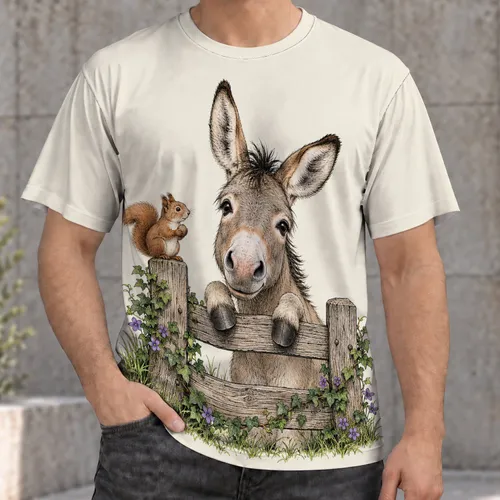 Donkey and Squirrel on Rustic Fence for Cozy Nature Walks and Woodland Days All-over Print Unisex T-shirt
