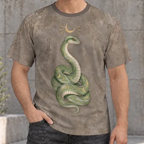 Green Coiled Snake And Crescent Moon For Everyday Alternative Style All-over Print Unisex T-shirt