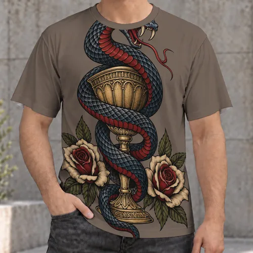 Coiled Serpent And Chalice With Roses For Everyday Alternative Streetwear Style Wear All-over Print Unisex T-shirt