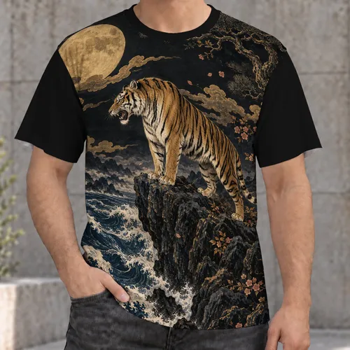 Tiger Moonlit Waves and Pine Scene for Everyday Streetwear and Nature Lover Gifts All-over Print Unisex T-shirt
