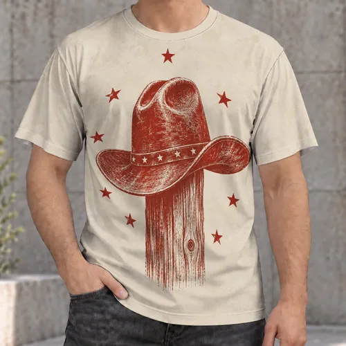 Cowboy Hat and Wooden Post with Stars for Everyday Western Wear and Outdoor Adventures All-over Print Unisex T-shirt