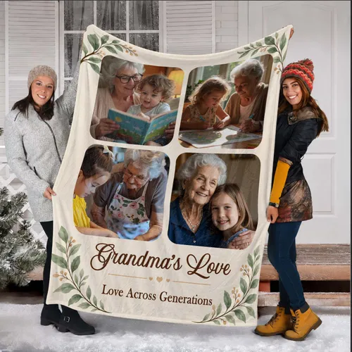 Personalized Grandma's Love Photo Blanket – Custom 4 Picture Collage Fleece Throw for Grandma, Christmas Gift from Kids