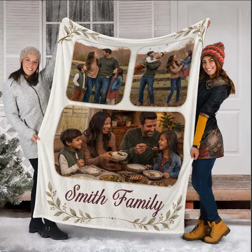 Personalized Family Name Photo Blanket – Custom 3 Picture Collage Fleece Throw with Last Name, Christmas Gift for Family