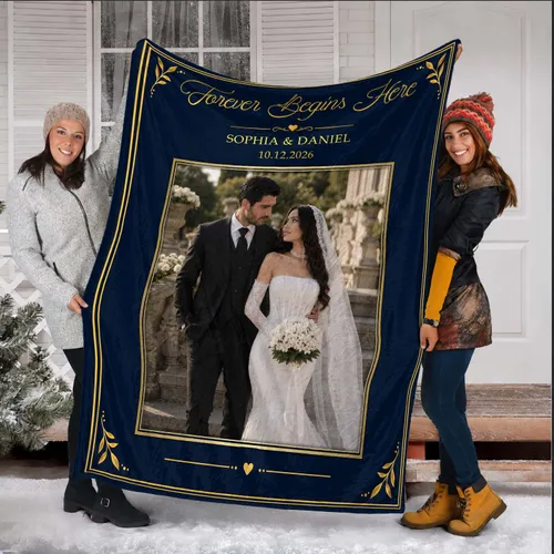 Personalized Forever Begins Here Wedding Photo Blanket – Custom Navy Gold Fleece Throw with Names, Anniversary Gift